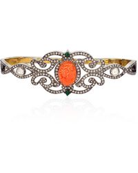 Artisan - Carved Coral & Emerald With Pave Diamond In 18k Gold And Silver Antique Palm Bracelet - Lyst
