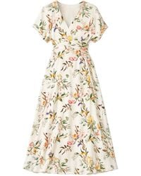Yumi' - Neutrals Ivory Viscose Floral Print Midi Dress With Ruched Waist - Lyst