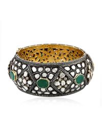 Artisan - 14k Gold With 925 Silver In Bezel Set Emerald & Uncut Diamond Victorian Bangle - Lyst