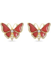 Artisan - 18K With Natural Diamond Butterfly Design Enamel Stud Earrings - Lyst