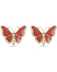 Artisan - 18k Yellow Gold With Natural Diamond Butterfly Design Enamel Stud Earrings - Lyst