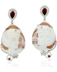 Artisan - 18k White Gold Natural Diamond Red Garnet Carving Shell Cameos Dangle Earrings Jewelry - Lyst