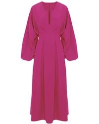 BLUZAT - Fuchsia Midi Dress With Balloon Sleeves And V-Neck - Lyst