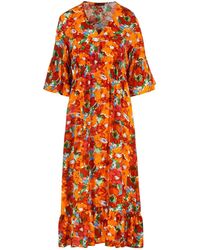 Conquista - Floral Ruffle Detail Midi Dress - Lyst