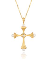 Lulu B London - Pearl Cross Necklace With Cubic Zirconia - Lyst