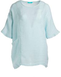 Haris Cotton - Front Pocket Curve Linen Gauze Blouse With Batwing Sleeve Ocean Air - Lyst