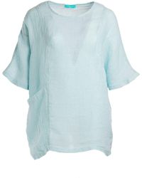 Haris Cotton - Front Pocket Curve Linen Gauze Blouse With Batwing Sleeve Ocean Air - Lyst
