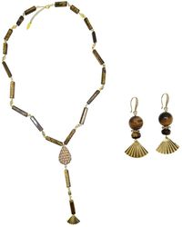 Farra - Tiger-Eye Stone With Rhinestone Lariat Necklace And Earring Jewelry Set - Lyst