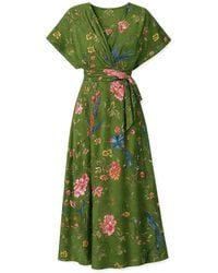 Yumi' - Bird And Floral Print Ruched Waist Kimono Midi Dress - Lyst