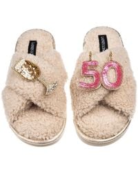 Laines London - Neutrals Laines Neutral Boucle Slippers With 50Th Birthday & Champers Brooches - Lyst