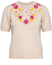 Tantra Spain Sl - Neutrals Short-Sleeved Sweater With Embroidered Flowers - Lyst