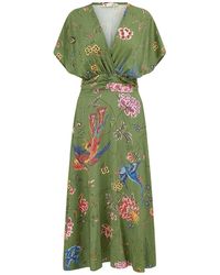 Yumi' - Bird & Floral Print Ruched Waist Kimono Midi Dress - Lyst
