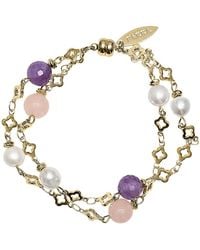 Farra - Rose Quart Amethyst And Freshwater Pearl Double Layers Chain Bracelet - Lyst