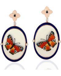 Artisan Blue Sapphire Diamond Butterfly Dangle Earrings 18k Rose Gold Picture Enamel Jewellery