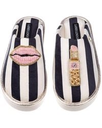 Laines London - Flatform Stripe Closed Toe Slippers With Lips & Lipstick Brooches - Lyst