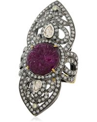 Artisan - Natural Carving Ruby Pave Diamond 18k Gold Long Ring 925 Sterling Silver Jewelry - Lyst
