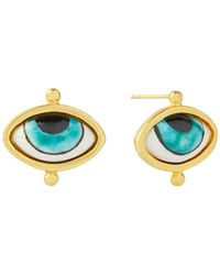 Ottoman Hands Adira Turquoise Porcelain Evil Eye Stud Earrings - Blue