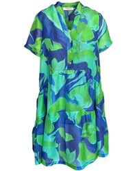 Haris Cotton - Mini Printed Linen Blend Short Sleeved Dress With Front Buttons Lagoon - Lyst
