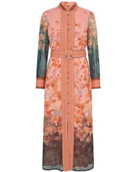 Raishma - Freya Coral Floral Tie Dye Belted Midi Shirt Dress - Lyst
