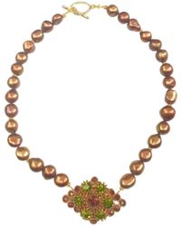 Way to Chic - Elegant Bronze Pearl Necklace With Vintage Crystal Brooch Pendant - Lyst