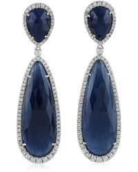 Artisan 18k White Gold Blue Sapphire Diamond Dangle Earrings Handmade Jewellery