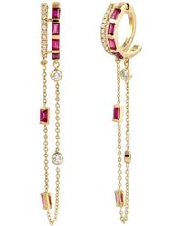 Artisan - Baguette Ruby & Diamond Double Mixed Fringe Chain huggies Hoops Earring In 18k Gold - Lyst