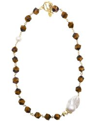 Farra - Tiger Eye Stones With Baroque Short Necklace - Lyst