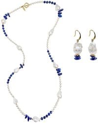 Farra - Baroque Pearls Wth Lapis And Kyanite Long Necklace And Earrings Set - Lyst