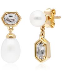 Gemondo - Modern Pearl & Topaz Mismatched Drop Earrings In Yellow Gold Plated Sterling Silver - Lyst