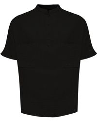 Monique Store - Linen Mandarin Neck Half Button Two Chest Pockets Shirt Black - Lyst