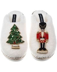 Laines London - Neutrals Teddy Closed Toe Slippers With Christmas Tree & Nutcracker Brooches - Lyst