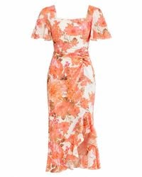 Girl In Mind - Heidi Floral Print Ruched Midi Dress - Lyst