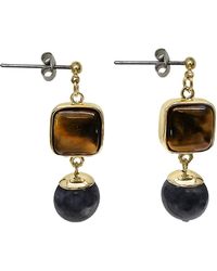 Farra - Tiger-Eye Stone With Obsidian Dangle Earrings - Lyst