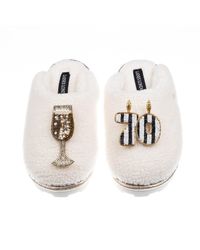 Laines London - Teddy Closed Toe Slippers With Stripe 70Th Birthday & Champagne Glass Brooches - Lyst