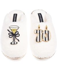 Laines London - Teddy Closed Toe Slippers With Stripe 70Th Birthday & Champagne Glass Brooches - Lyst
