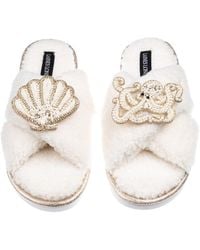 Laines London - Neutrals Laines Neutral Boucle Slippers With Pearl Shell & Octopus Brooches - Lyst