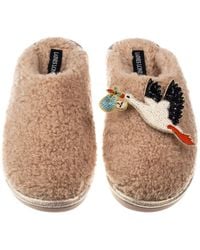 Laines London - Neutrals Toffee Teddy Closed Toe Slippers With Baby Boy Stork Brooches - Lyst