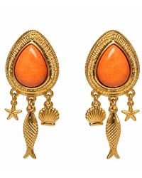 By Ozge - Coral Teardrop Plated Fish & Seashell Charm Dangle Earrings - Lyst