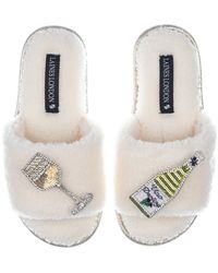 Laines London - Teddy Toweling Slipper Sliders With Vino Darling Brooches - Lyst