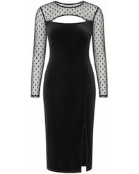 Yumi' - Velvet Midi Dress With Slash Neckline & Sheer Sleeves - Lyst