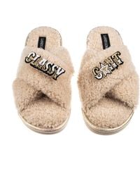 Laines London - Neutrals Laines Neutral Boucle Slippers With Classy Cunt Brooches - Lyst