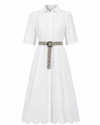 IZABELA MANDOIU - Broderie Anglaise Midi Shirt Dress With Detachable Belt And Pockets - Lyst