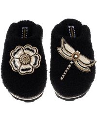 Laines London - Teddy Towelling Closed Toe Slippers With Dragonfly & Flower Brooches - Lyst