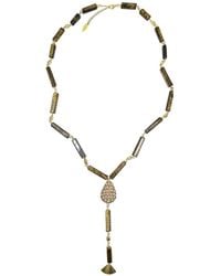 Farra - Y Shaped Tiger-Eye Stone With Rhinestone Tassel Lariat Necklace - Lyst