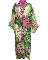 Lalipop Design - Multi-color Leaves Print Kimono Embellished With Embroidery Details - Lyst