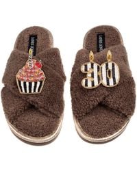 Laines London - Neutrals Laines Neutral Boucle Slippers With Stripe 30Th Birthday & Cake Brooch - Lyst