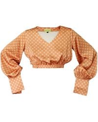 Janara Jones - Apricot Satin Long Sleeve V-Neck Blouse - Lyst