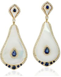 Artisan Yellow Gold Blue Sapphire Natural Diamond Mother Of Pearl Dangle Earrings Jewellery - Metallic