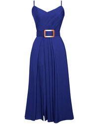 ALINA CERNĂTESCU - Simba Royal Linen Draped Cocktail Midi Dress With Front Slit And Pockets - Lyst