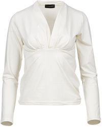 Conquista - Neutrals Off- Jersey Top With V-Neck Detail – Viscose Blend, Long Sleeve - Lyst